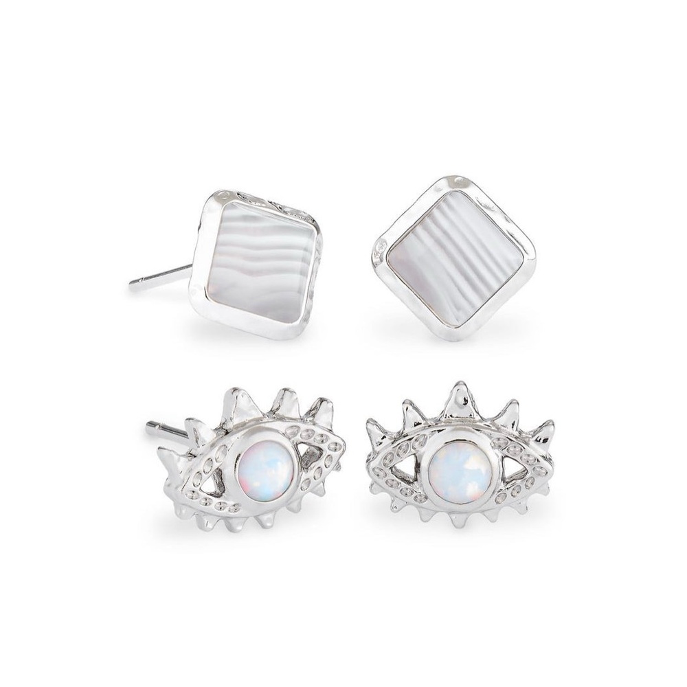 Kendra Scott Gemma Stud Earring Set - Rhodium Gray Banded Agate